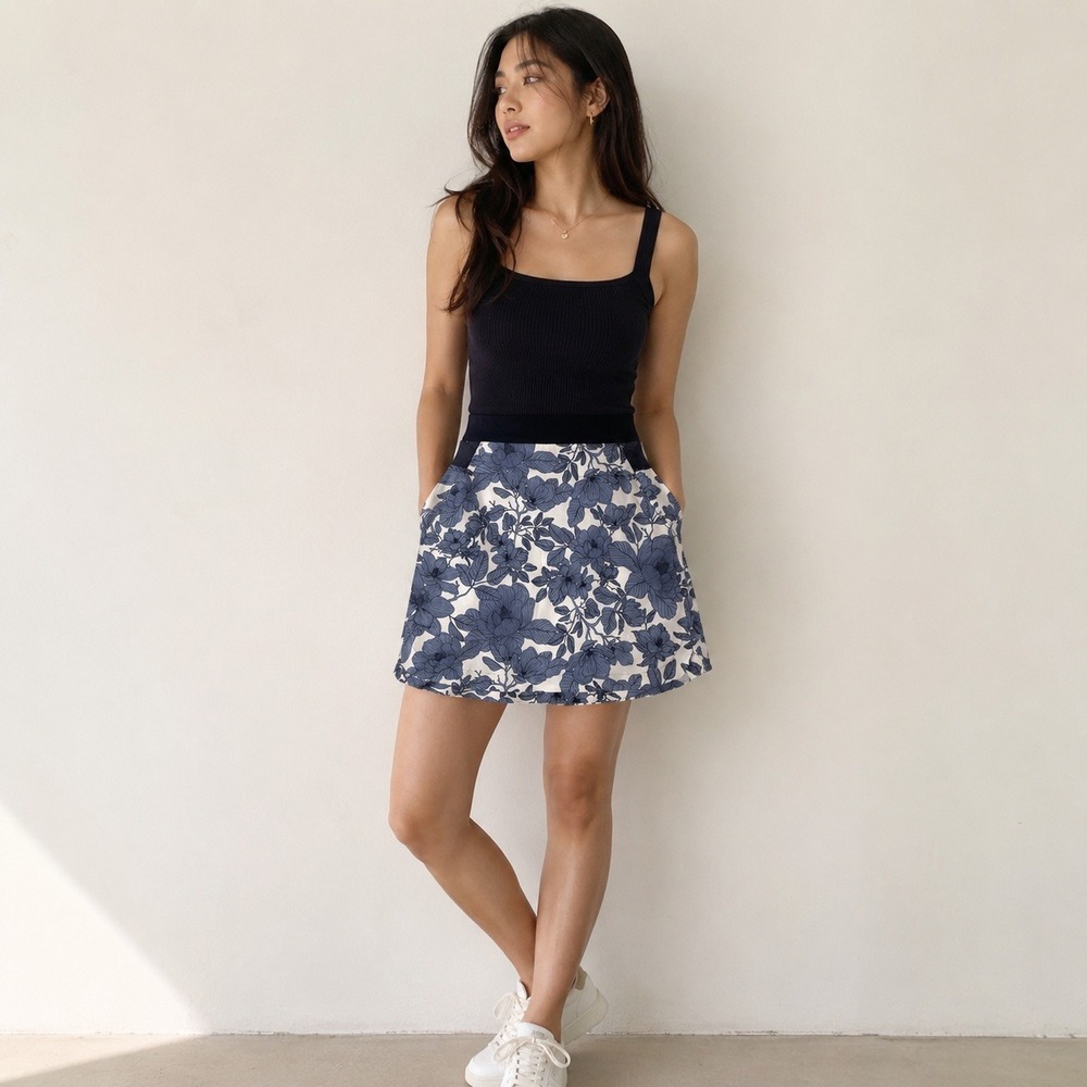 Walter Hagen Women Skort XXL Blue Floral Pull On 16" Golf Skirt Blooms Mid Blue
